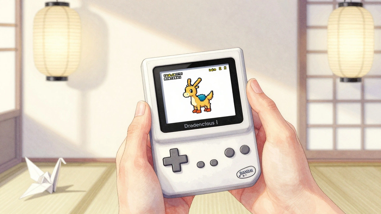 A Bandai Wonderswan showing Chocobo, held gently against a Japanese-themed backdrop.