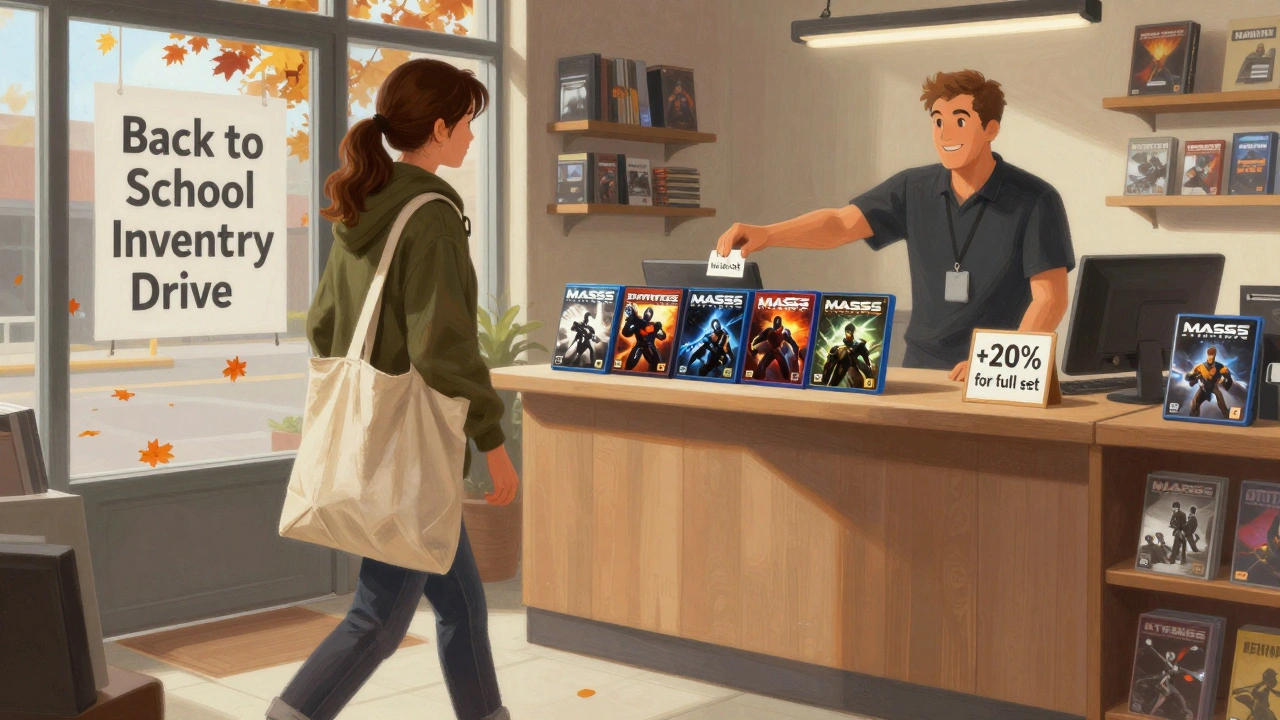 A customer brings a full set of Mass Effect games to a store owner who smiles, ready to offer a higher price.