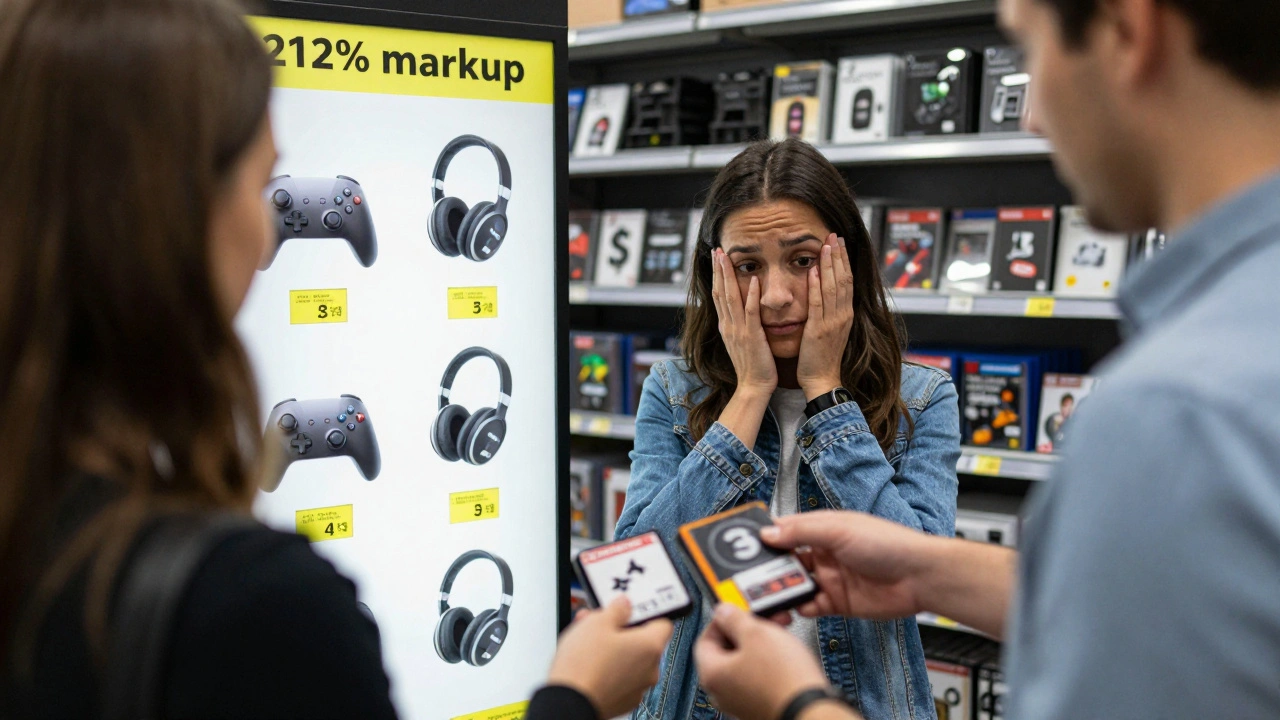 A customer receiving a low trade-in offer while accessories nearby are marked with high markups.