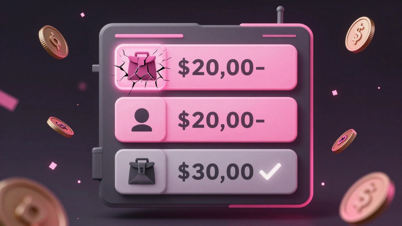 A floating digital storefront with three tiered prices, where the mid-tier option glows while the others fade, surrounded by floating game items.