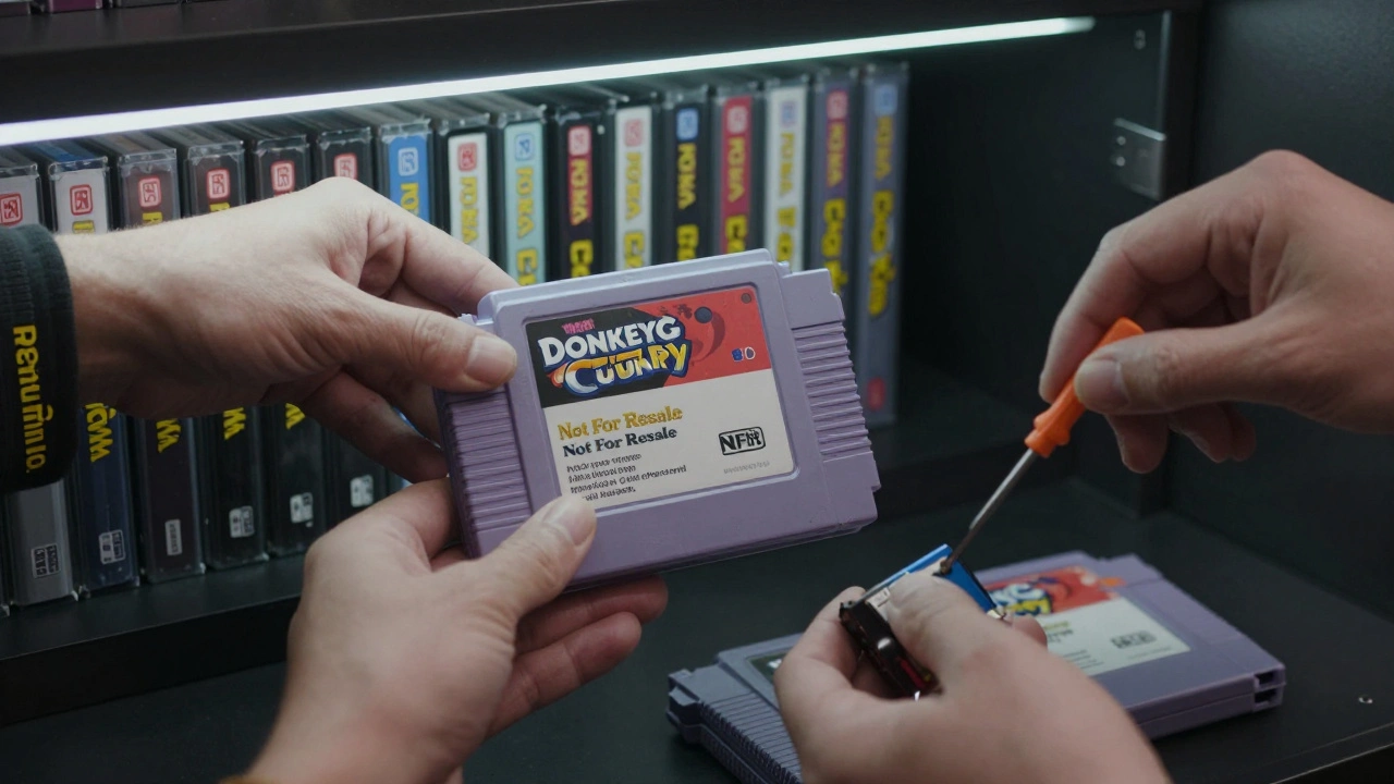 A hand placing a rare NFR Donkey Kong Country cartridge into an acid-free sleeve while removing a corroded battery from another game.