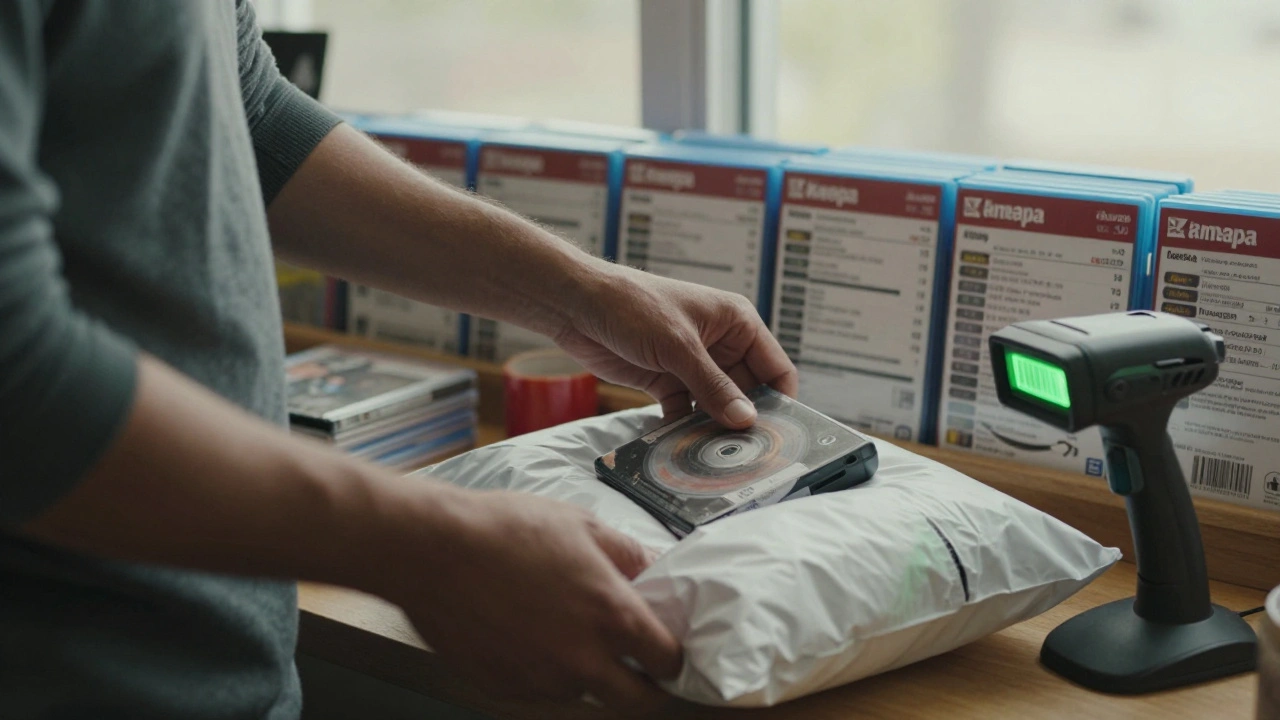 A person packing a used video game for shipping with a barcode scanner and price charts visible in the background.