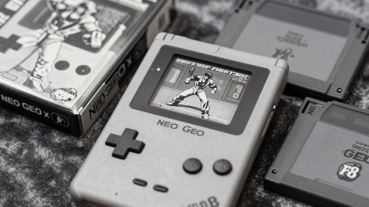 A pristine Neo Geo Pocket with King of Fighters '98 on screen, resting on velvet.