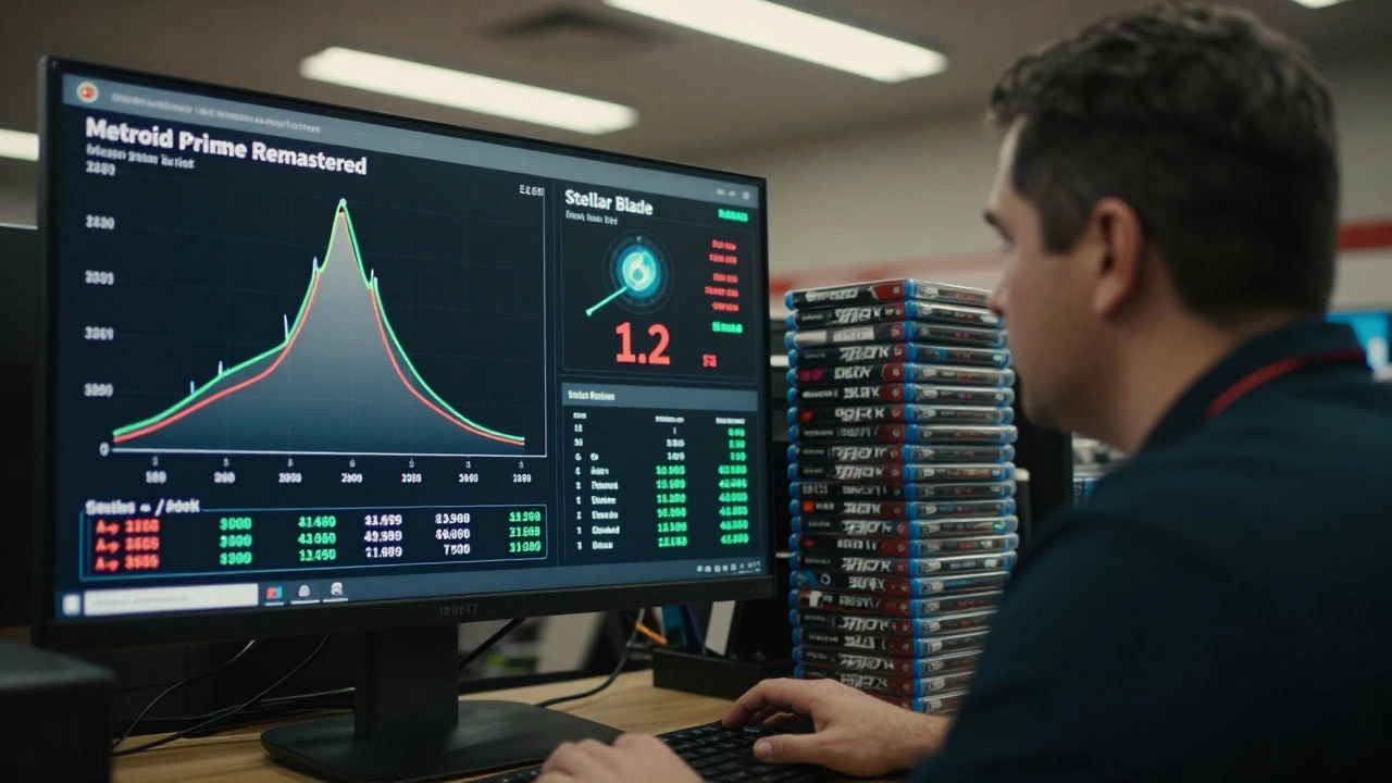 A retail manager viewing real-time sales data showing fast and slow-moving game inventory.