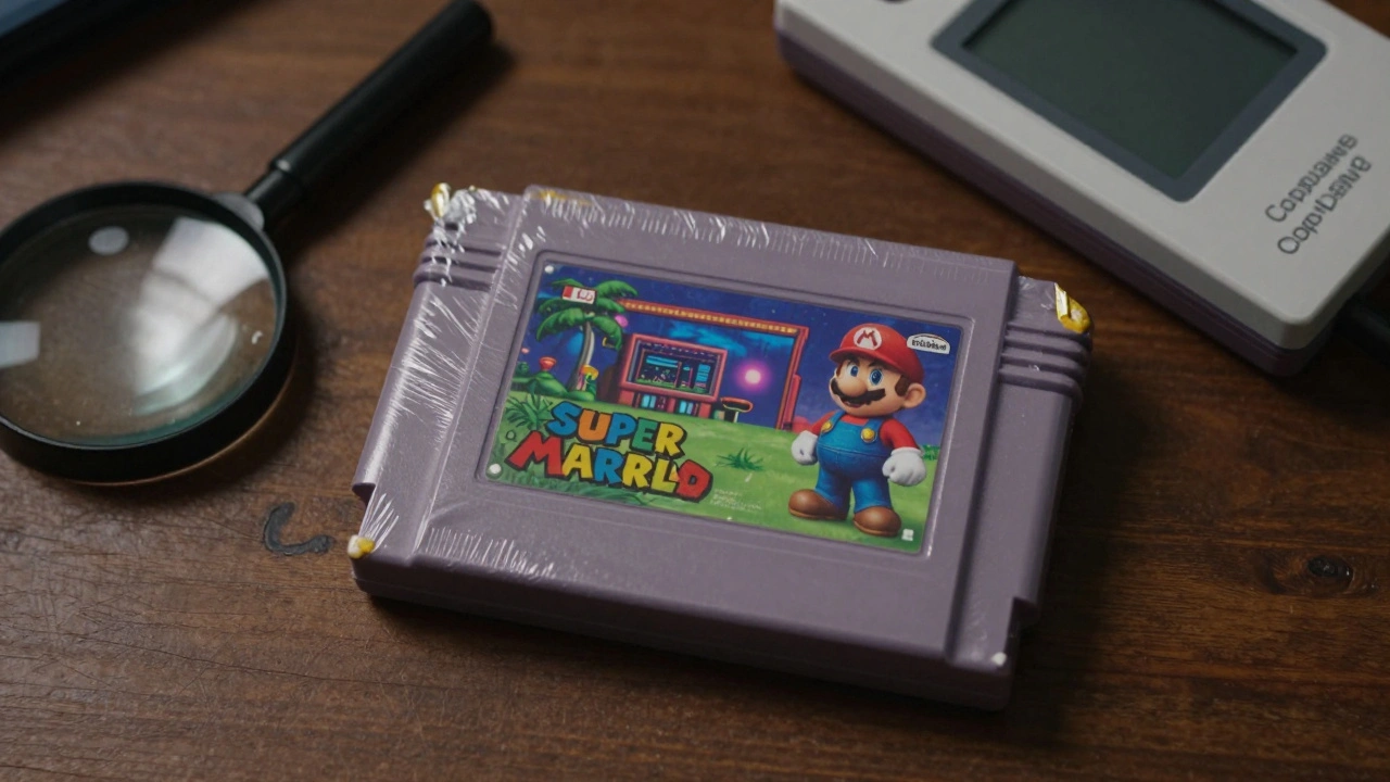 A sealed Super Mario World cartridge in original shrink wrap with a CopySNES dumper nearby, showing signs of age and preservation.