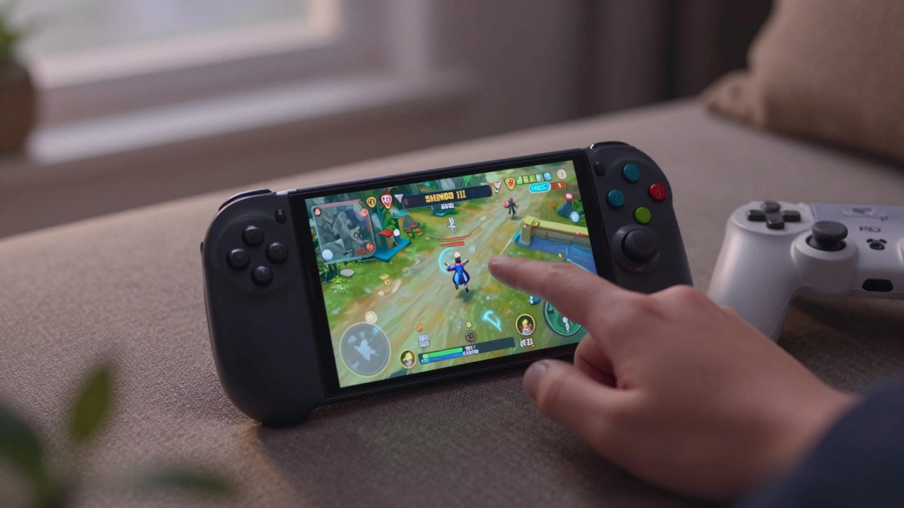 An Android phone showing MD.emu running Shinobi III, with a Bluetooth controller beside it.