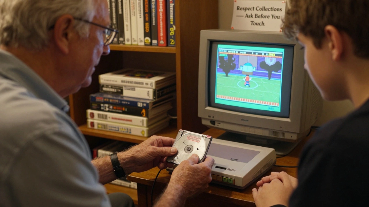 An elderly man and young teen together inserting a cracked cartridge into a restored Sega CD console, surrounded by game boxes and manuals.