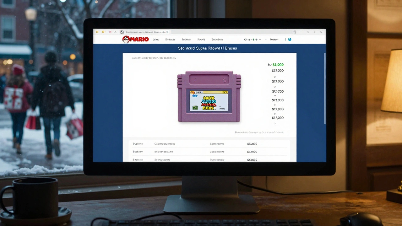 An online auction bid for a rare Super Mario Bros. cartridge rising sharply while a family rushes outside in November snow.