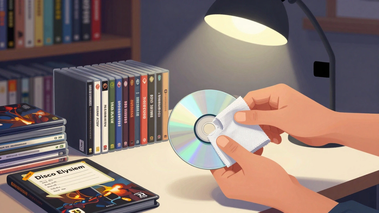 Hand cleaning a game disc with a microfiber cloth under warm light, surrounded by intact game cases and manuals.