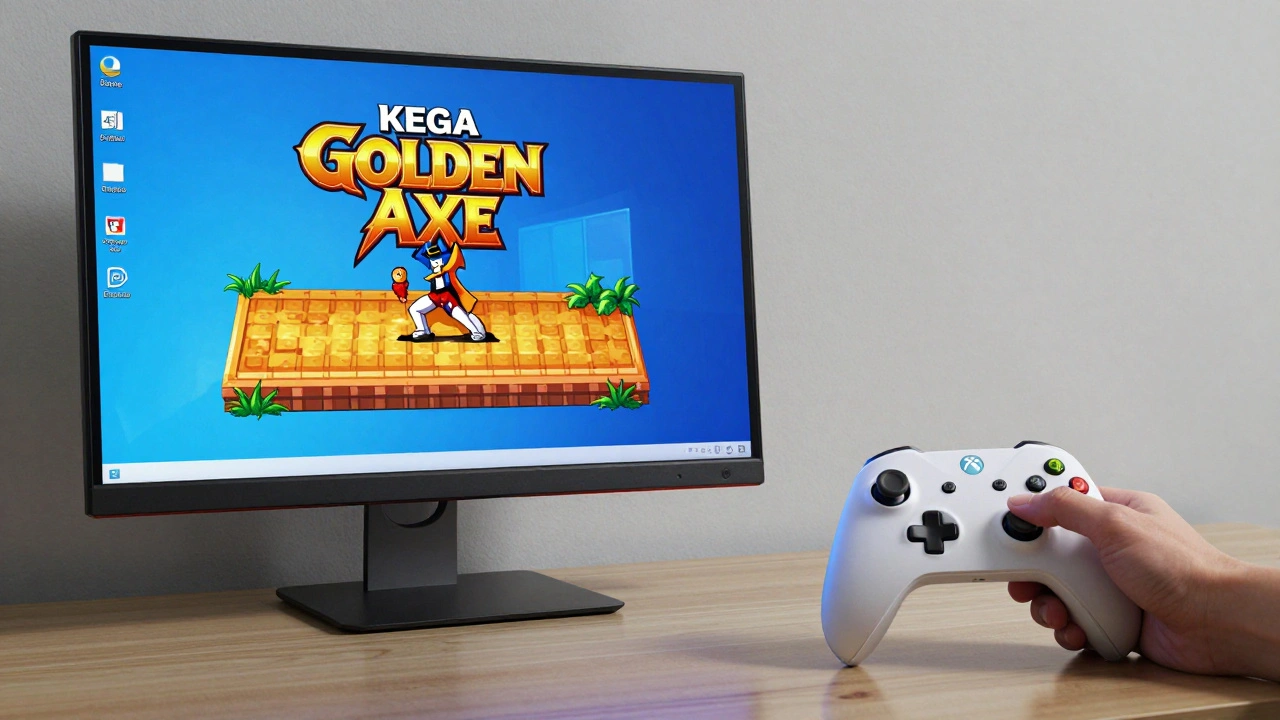Kega Fusion displaying Golden Axe in 4K on a PC, with a Bluetooth controller nearby.