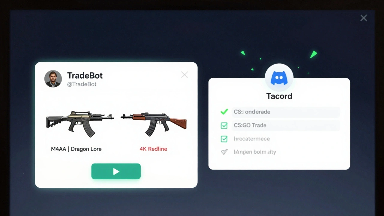Trade confirmation screen showing two screenshots and a verified bot message.