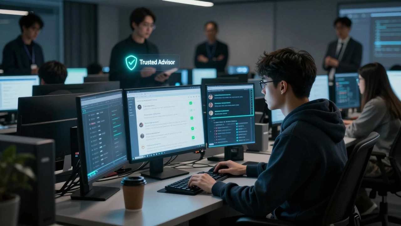 Trusted trader surrounded by logs of clean trades, helping new members quietly.