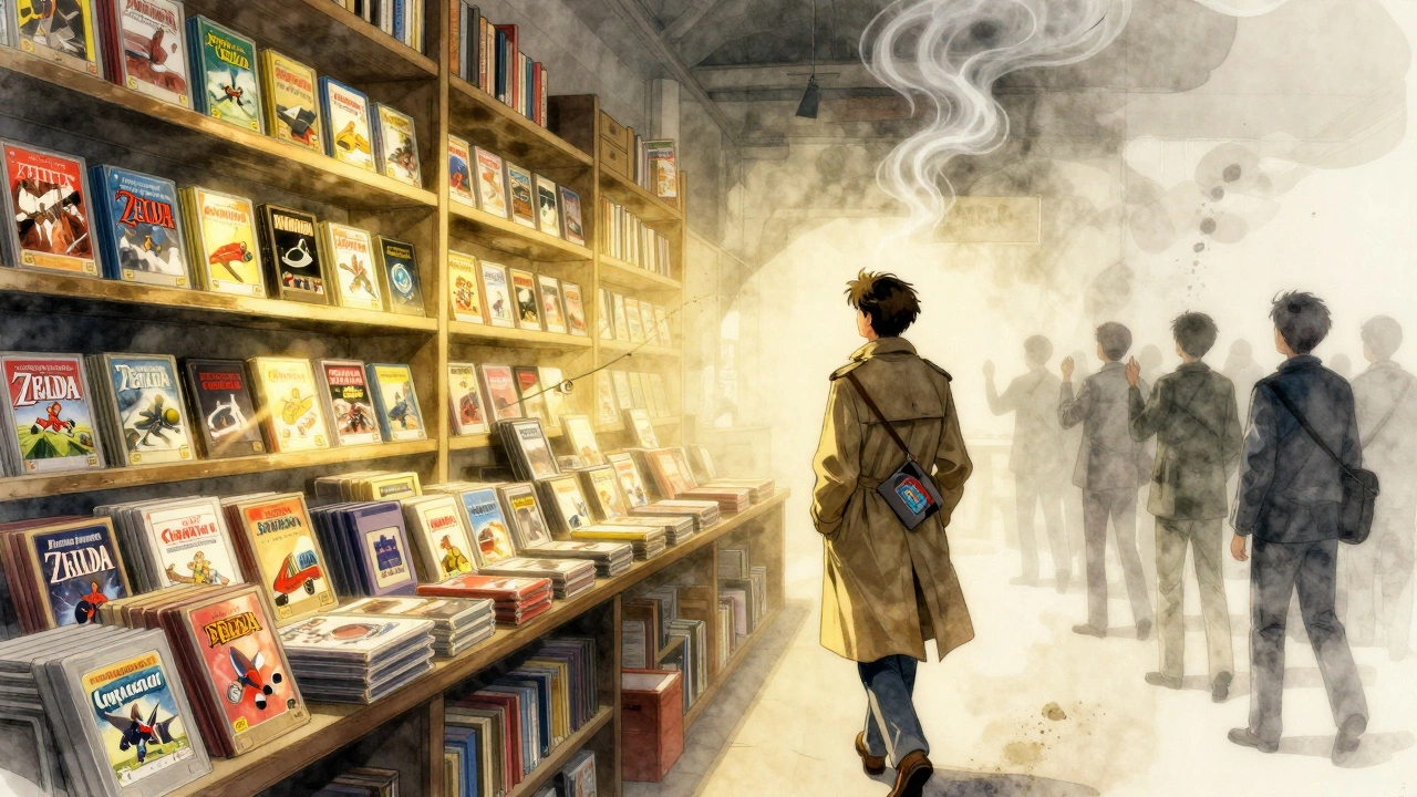 A buyer walks away with a Legend of Zelda cartridge as ghostly collectors nod approvingly in a nostalgic, glowing swap meet.