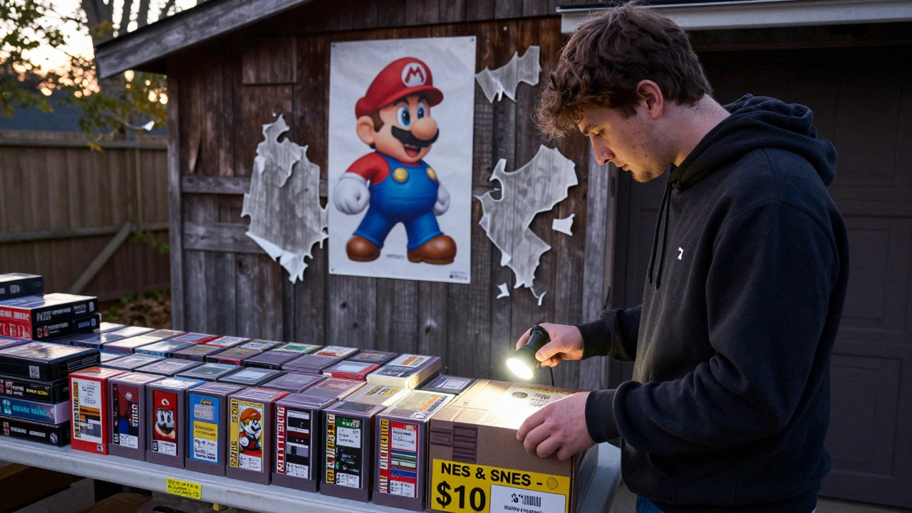 A collector examining a box of retro game cartridges at a garage sale, using a flashlight to check labels.