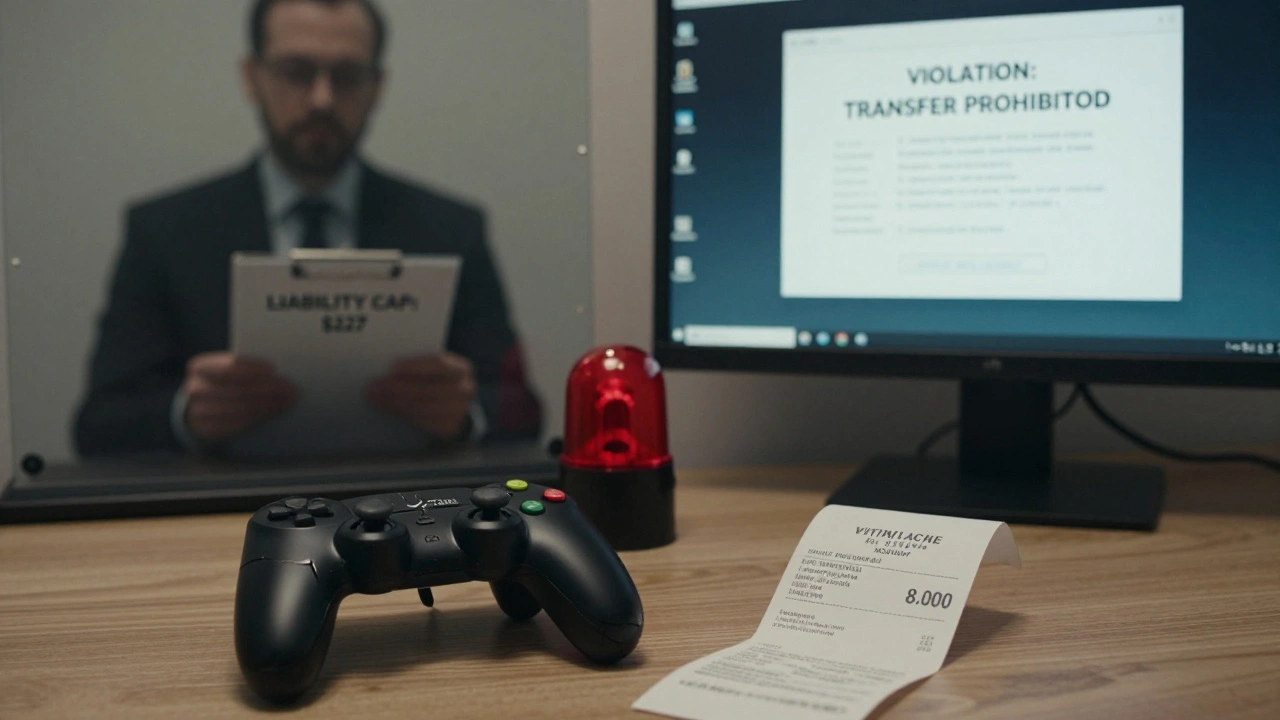A cracked game controller and ,000 receipt beside a monitor displaying an account violation notice, with a shadowy corporate figure watching.