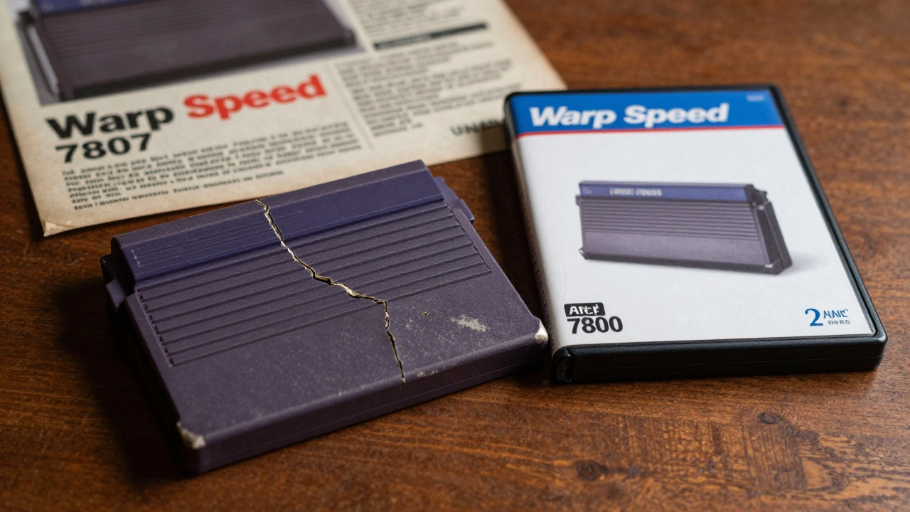 A damaged Warp Speed cartridge next to its mint condition version, with a vintage tech expo flyer in the background.