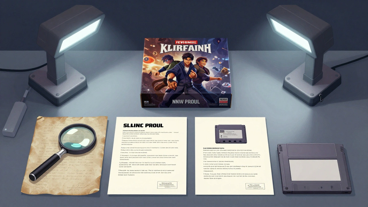 A grading station uses UV light and magnifiers to verify authentic game materials against counterfeits.