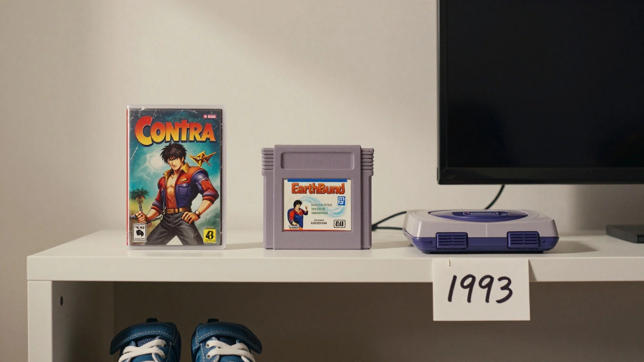 A shelf displaying three meaningful retro games: Contra, EarthBound, and a Genesis Mini with childhood memorabilia.