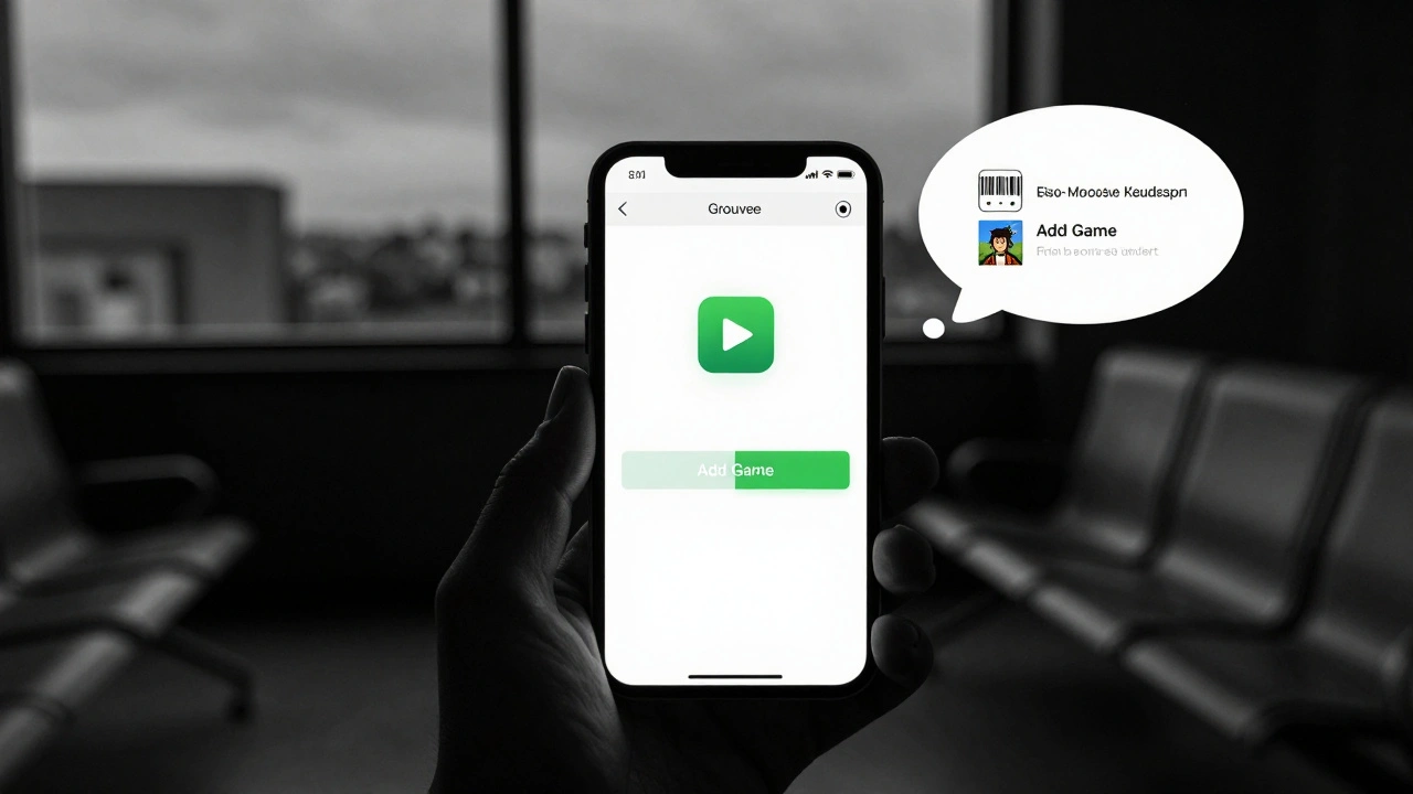 A smartphone screen displaying Grouvee on a mobile browser in a dim waiting room, with a physical game box nearby and a thought bubble showing missing mobile features.