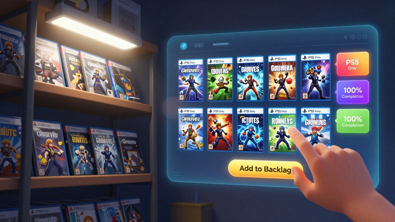 A split image contrasting a cluttered game shelf with a clean digital Grouvee collection, highlighting organization and personal tags.