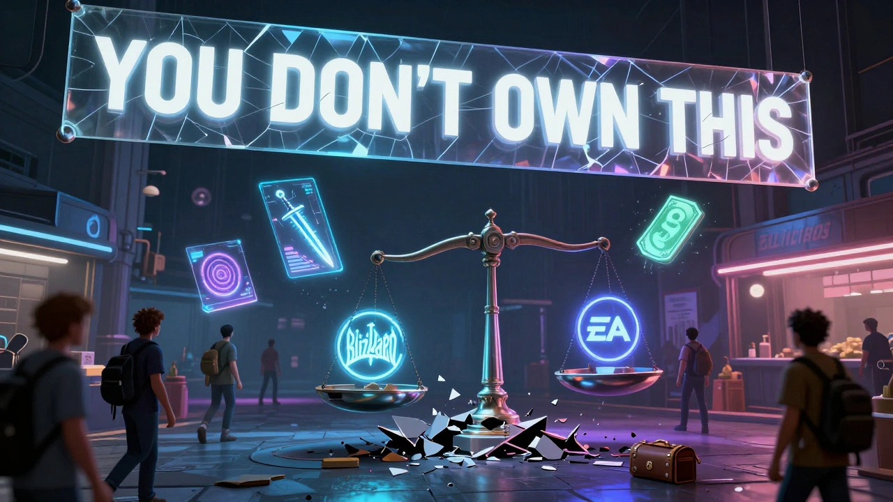 A surreal digital marketplace where holographic game items are traded under giant banners reading 'YOU DON'T OWN THIS'.