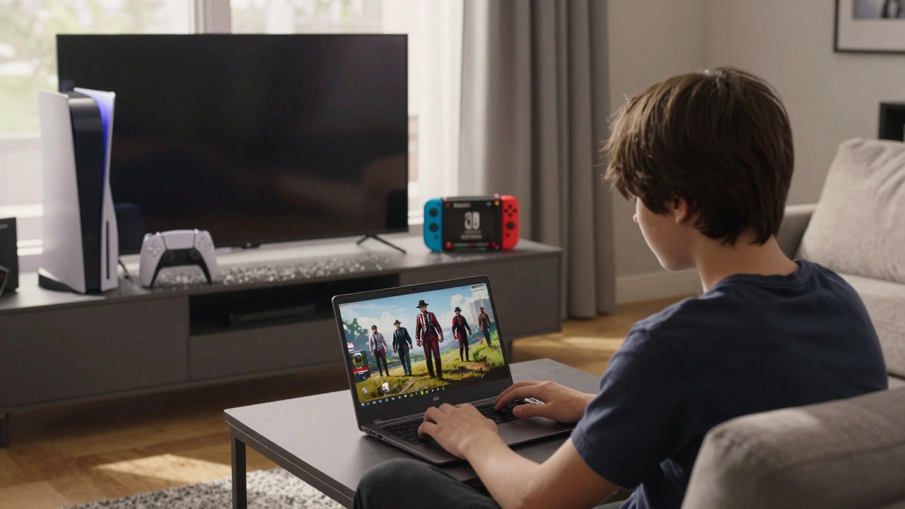 A teenager playing a game on a Chromebook while an unused PlayStation 5 gathers dust on a shelf.