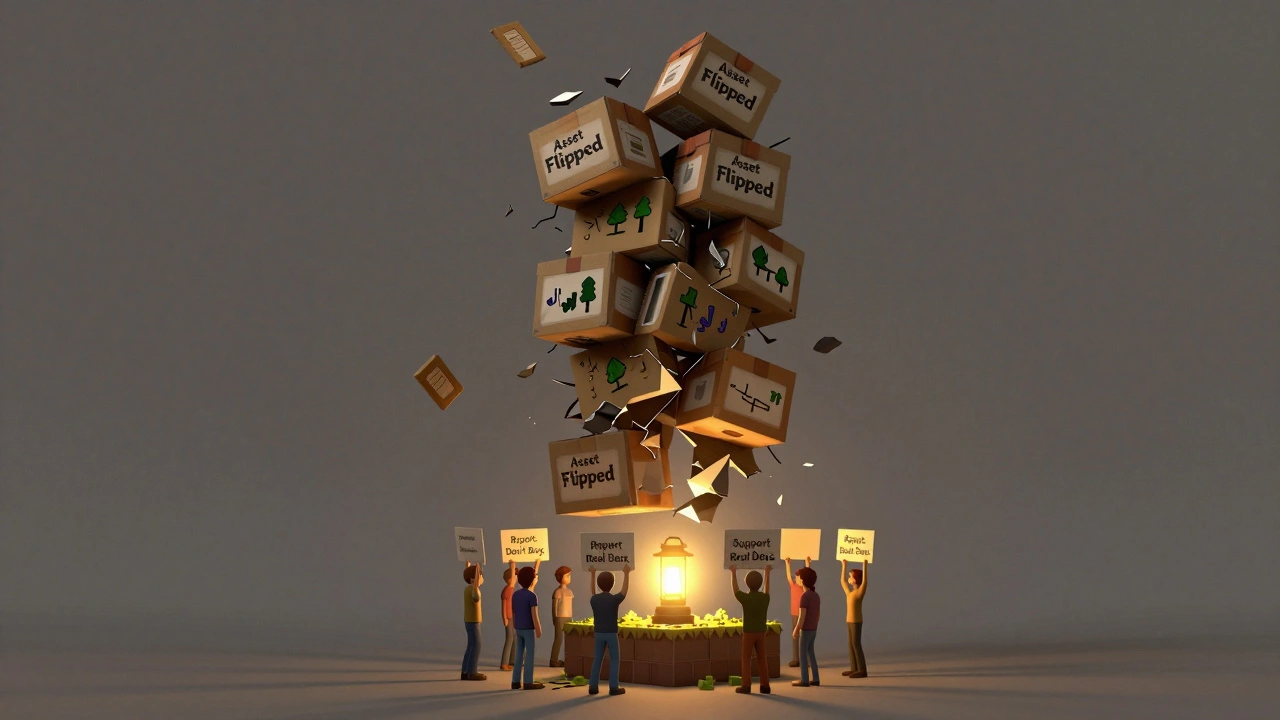 A tower of crumbling game boxes made of leaked assets, with a small hand-crafted game being lifted by supportive players.