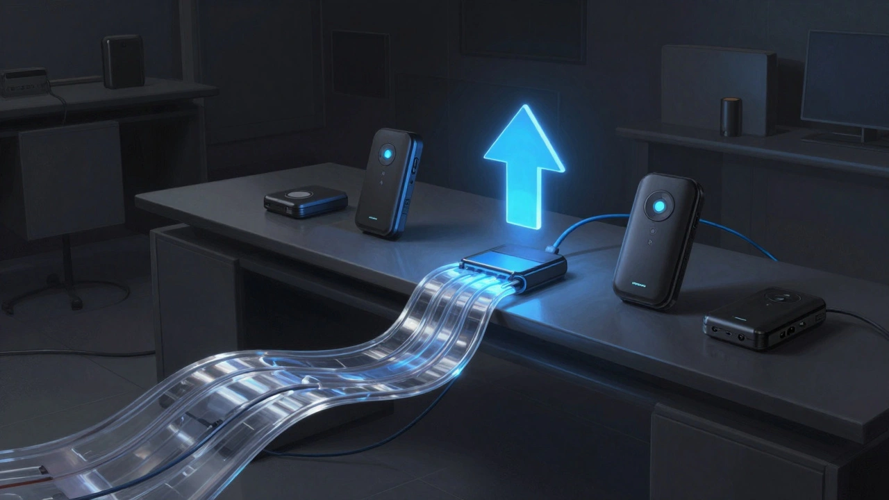 Cables flowing through transparent conduits under a desk toward an upgrade symbol, representing future-proof gaming setup.