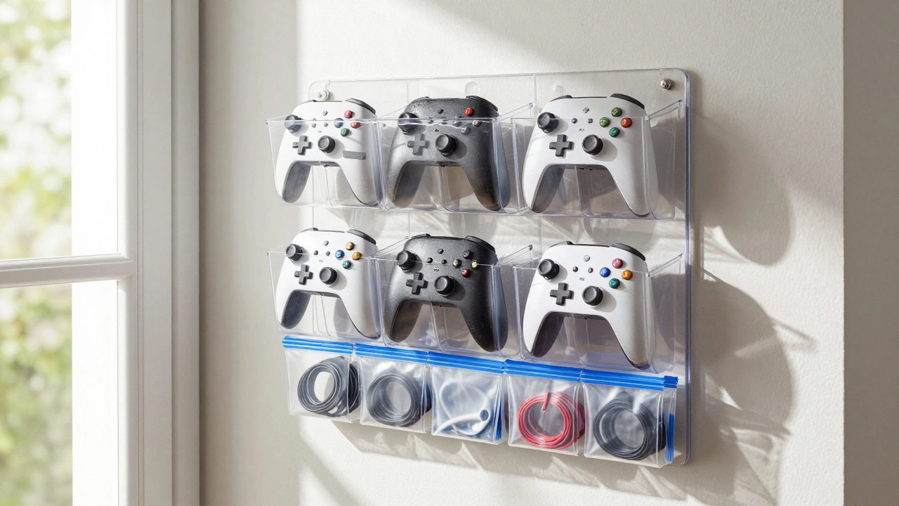 Clear plastic shoe organizer holding labeled controllers on a door, with bundled cables in zip-lock bags below.