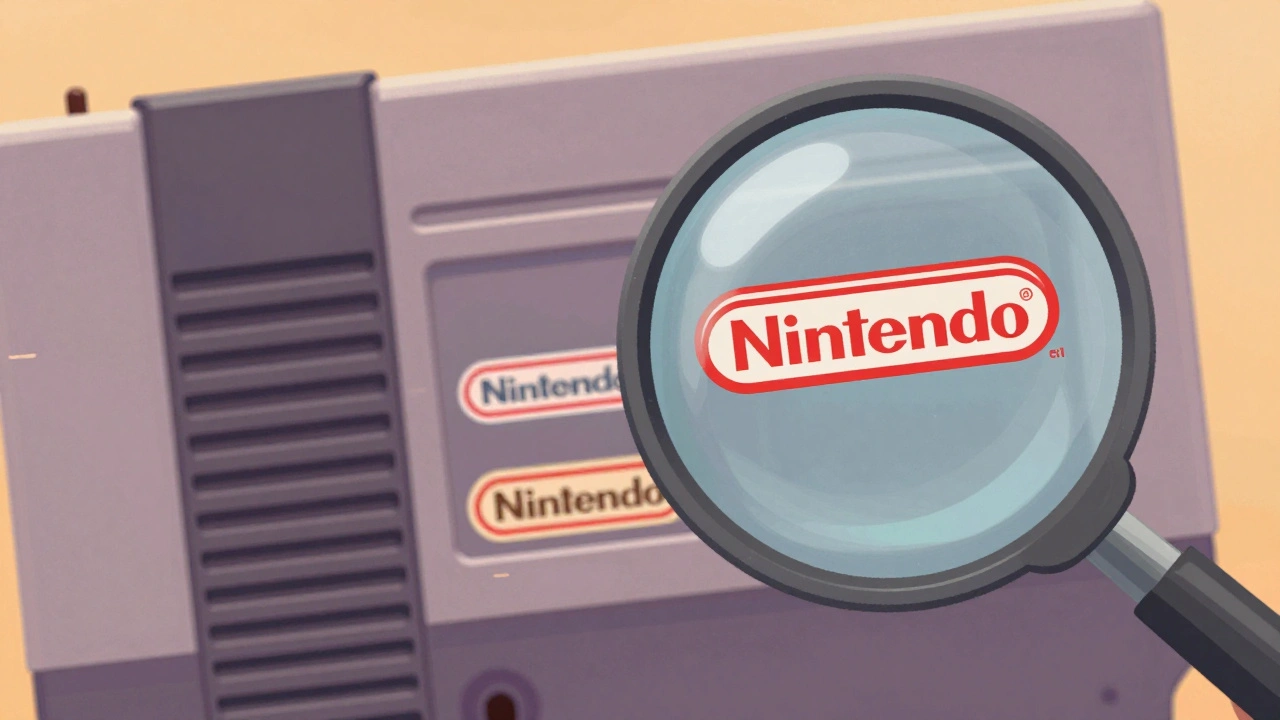 Close-up of an NES cartridge label showing the subtle difference between rare and common logo variants.