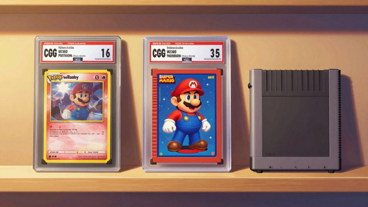 Collector's shelf with three graded game cases highlighting clarity, fogging, and exposure issues.