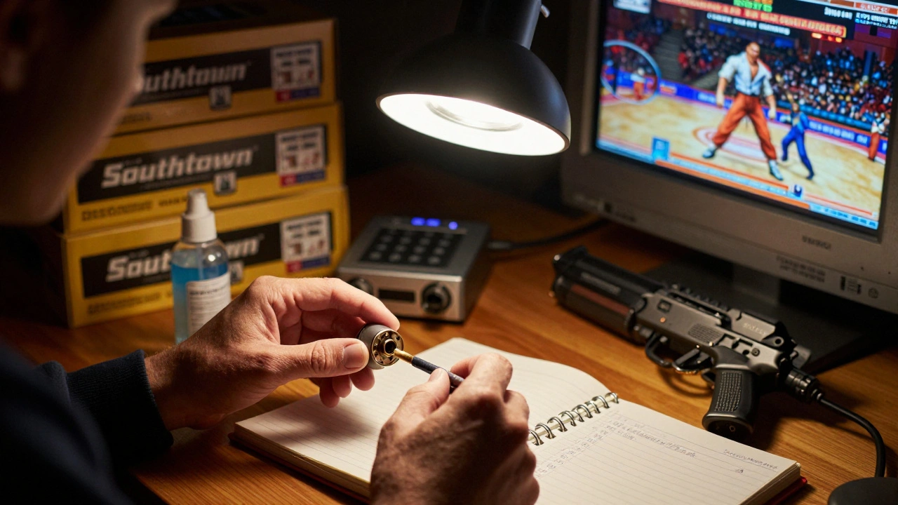 Collector cleaning a corroded MVS board with tools, Shockboxes and Supergun visible in background.