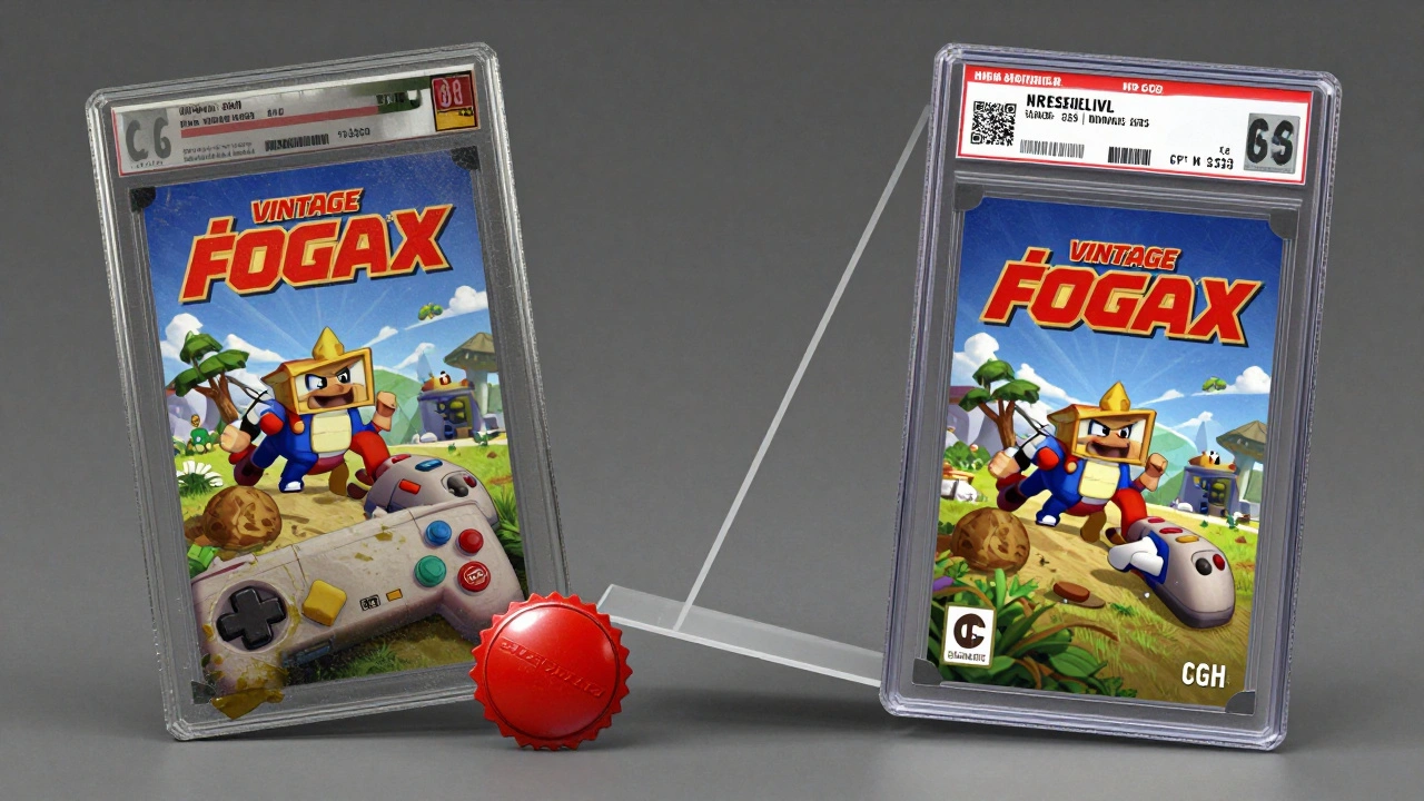 Comparison of fraudulent resealed game versus authenticated version with QR code label, symbolizing trust in vintage gaming.
