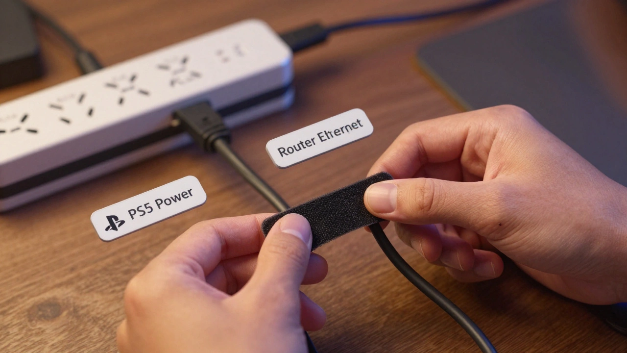 Hands using Velcro straps and adhesive clips to organize labeled cables beside a labeled power strip in a gaming room.