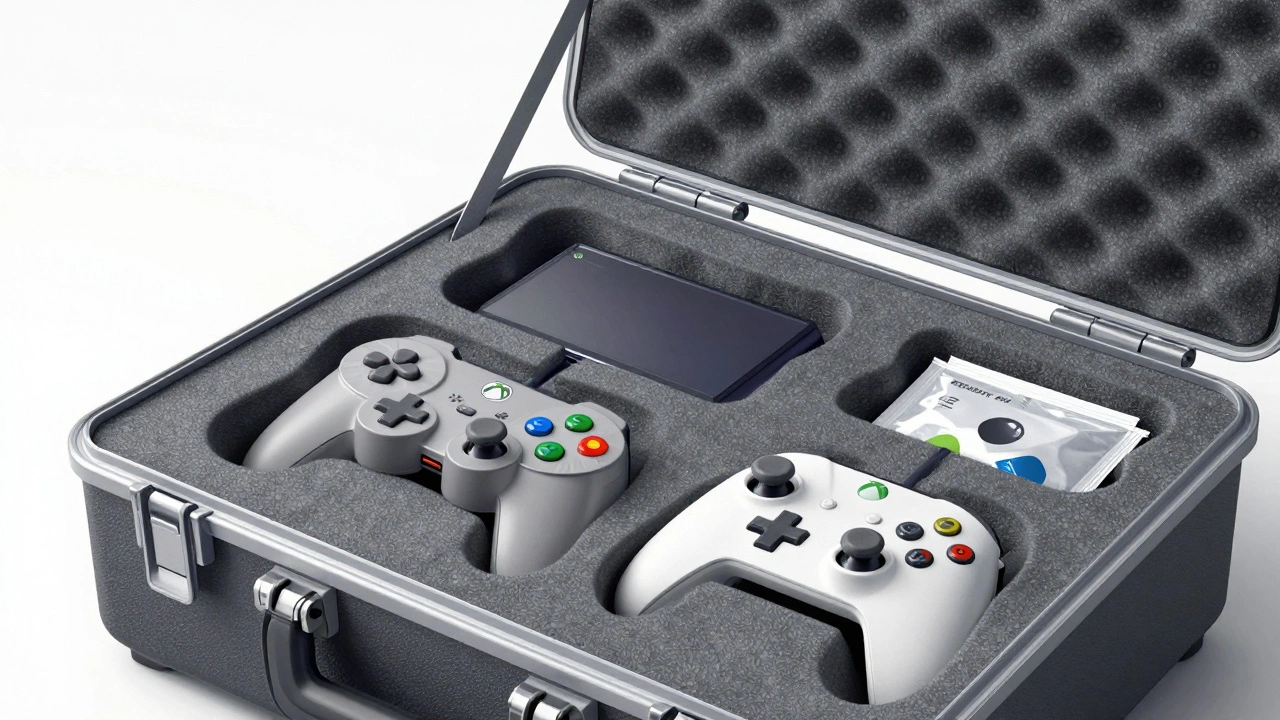 Hard-shell case with custom foam inserts protecting retro and modern controllers and silica gel packets.