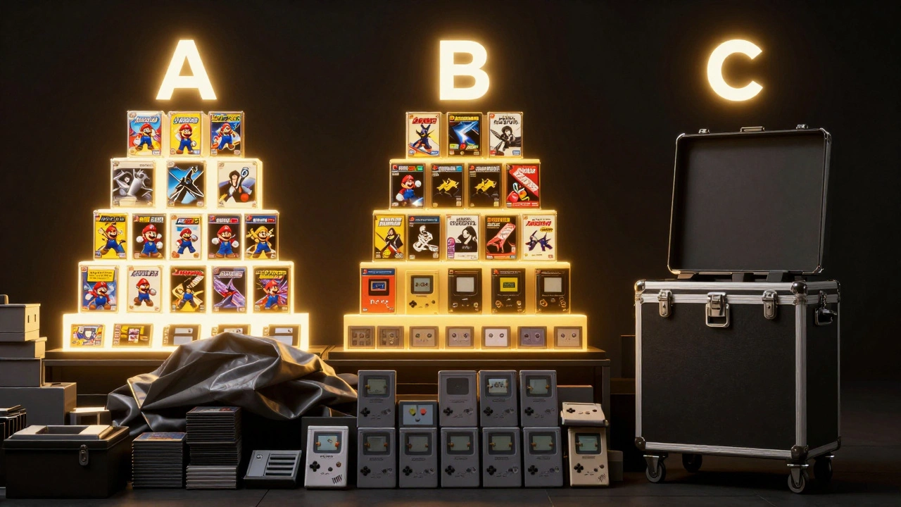 Inventory categorized into high, medium, and low-demand items with glowing tiers above a booth.