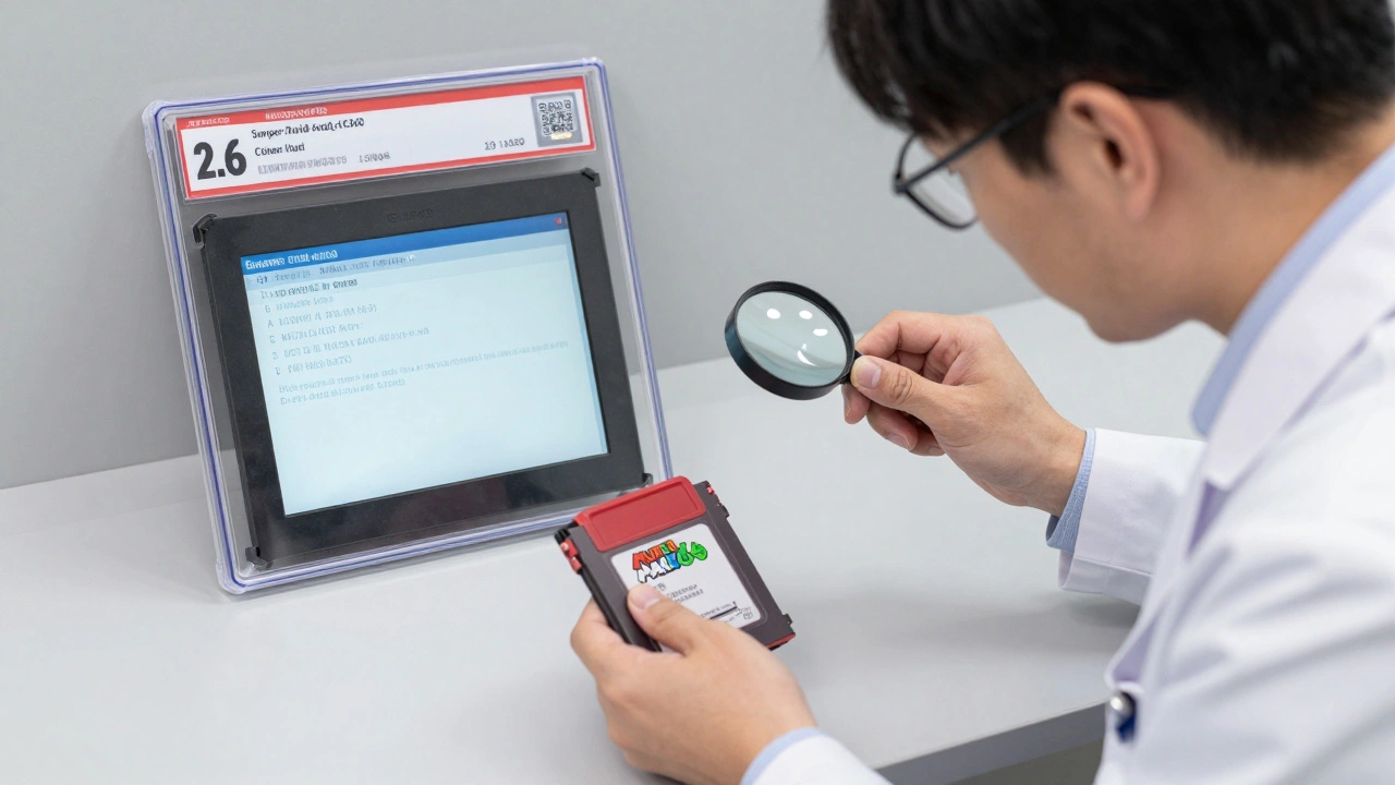 Professional authenticator examining a sealed Super Mario 64 cartridge under magnification with CGC certification case nearby.