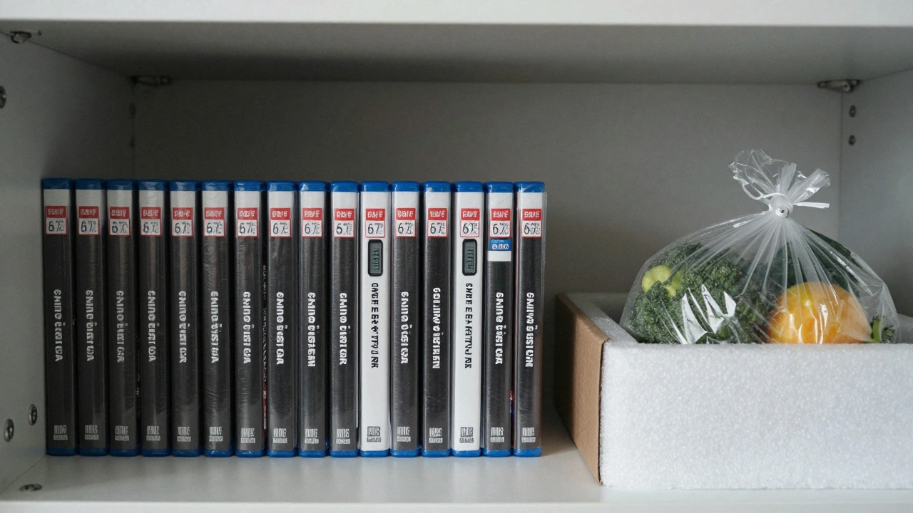 Sealed video games stored upright in a climate-controlled closet.