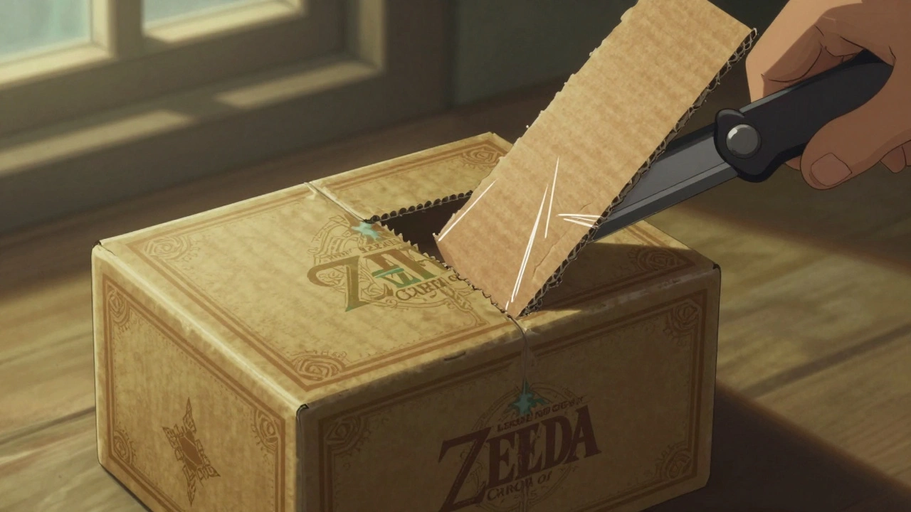 Shrinkwrap being carefully lifted from a game box using a cardboard lever.