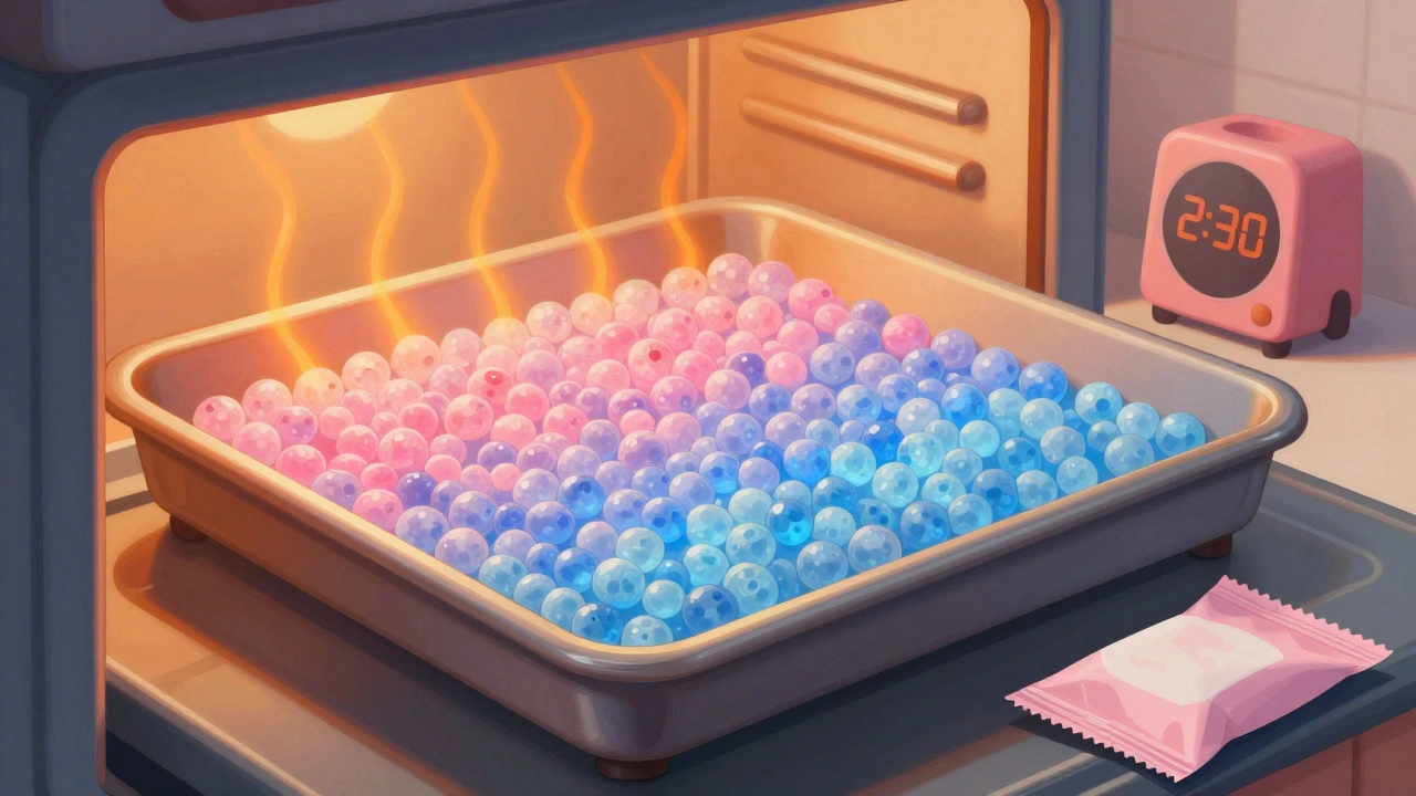 Silica gel beads drying in an oven, turning from pink to blue on a baking sheet under warm light.