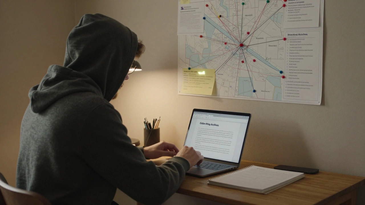 Someone archiving game guides into a physical binder with a wall map of community knowledge sources.