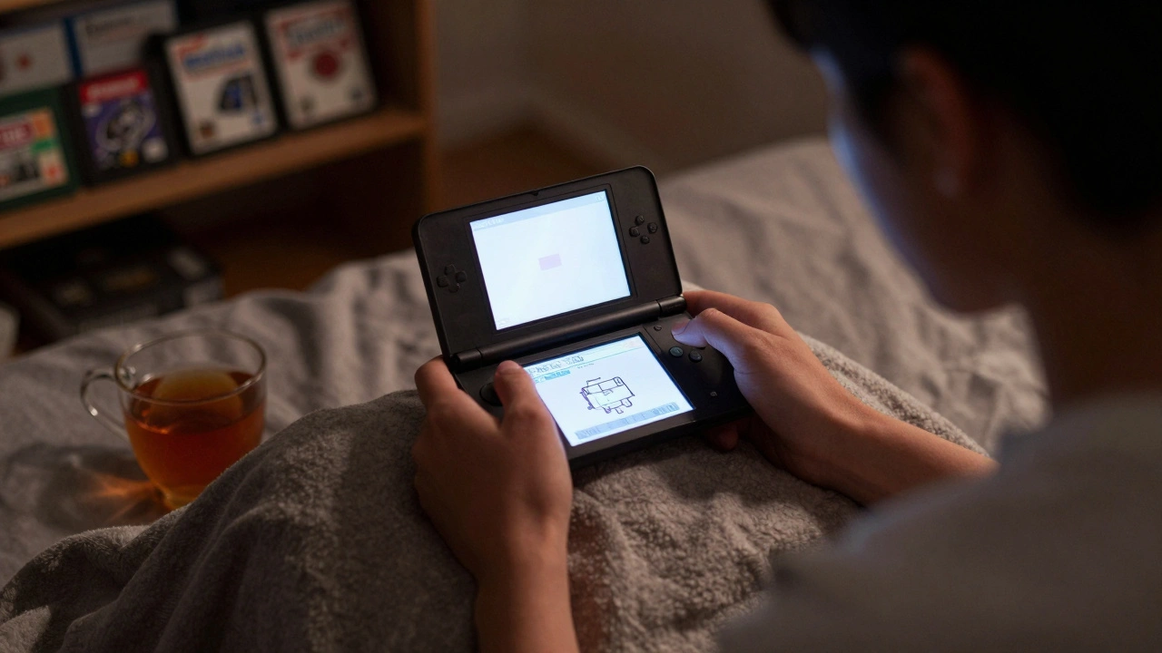 Someone playing a Nintendo DS game on the Ayaneo Thor handheld in bed at night.