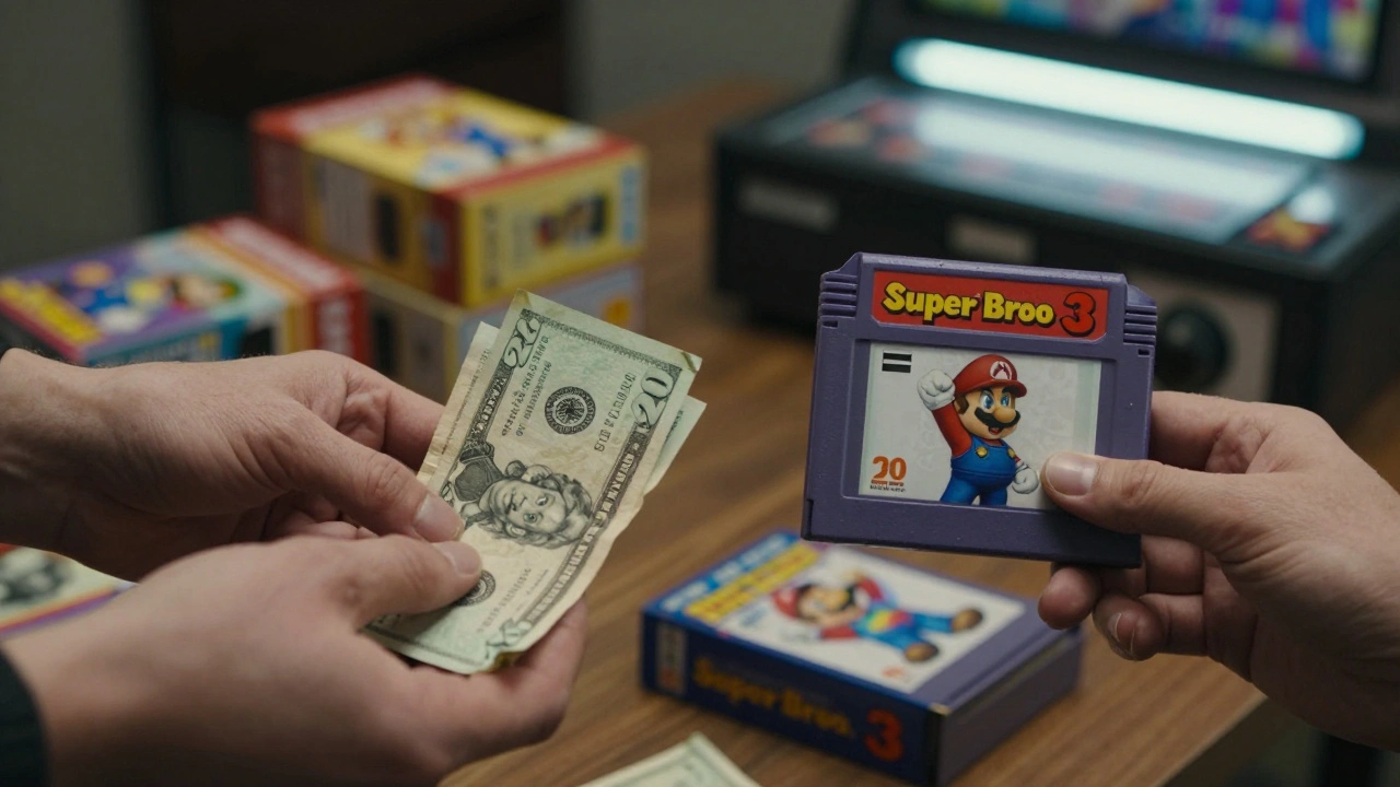 Two hands negotiate over a Super Mario Bros. 3 game and a  bill, surrounded by retro game boxes.