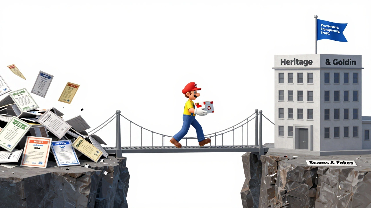 A collector crossing a bridge of authentic grading certificates to reach trust and security, leaving scams behind.