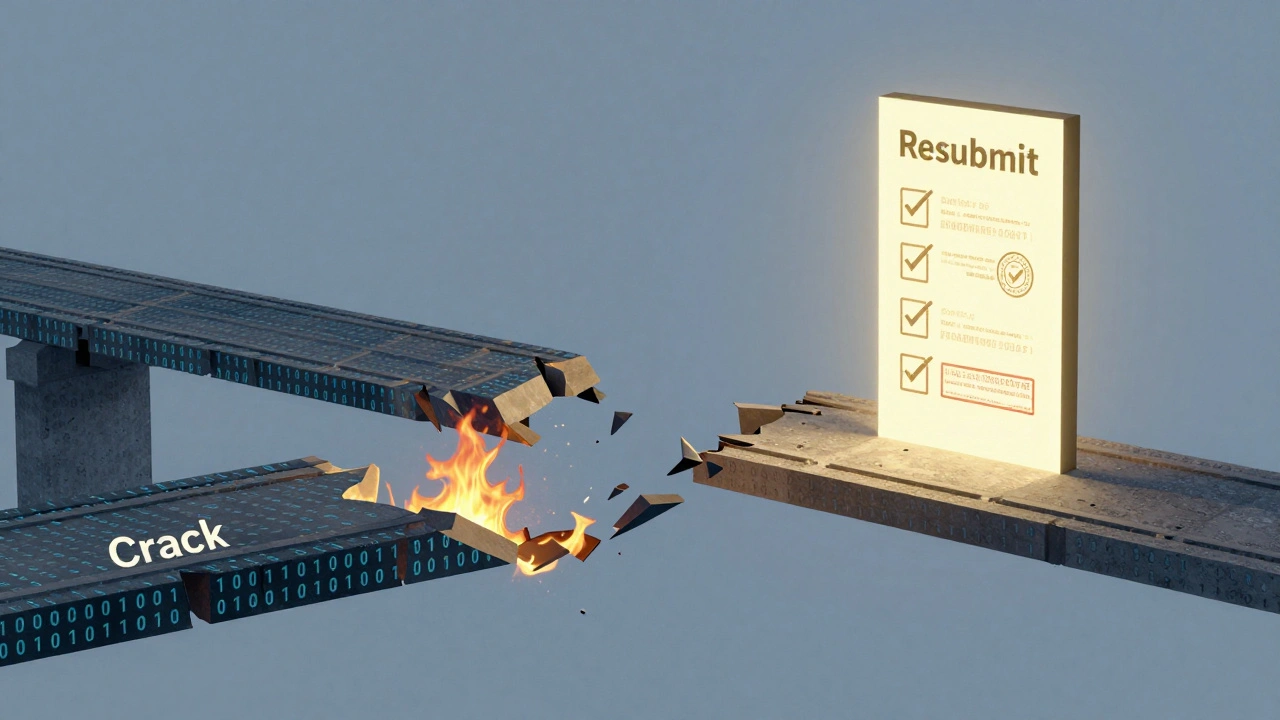 A crumbling binary bridge with 'Crack' collapsing and 'Resubmit' leading to approval, representing ethical vs. risky choices.