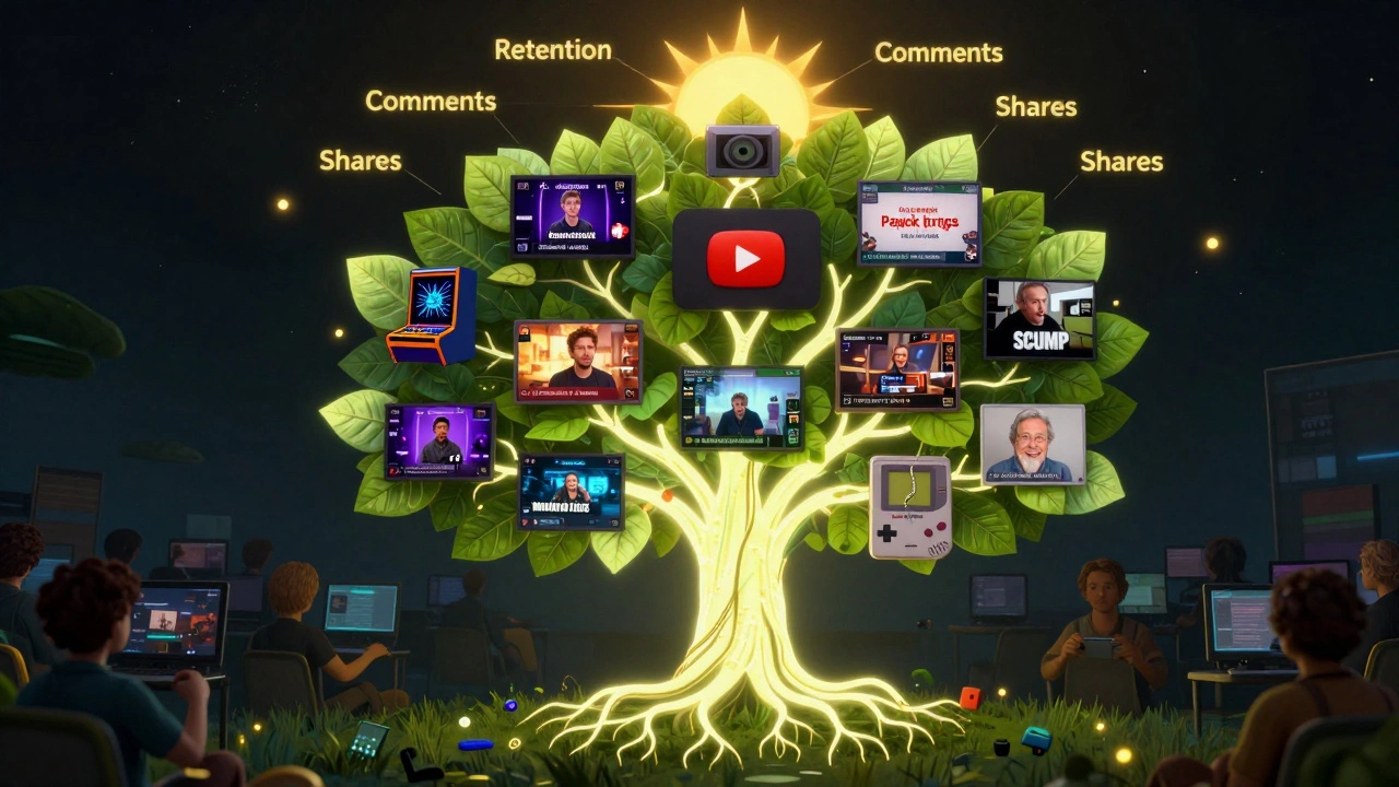 A digital tree with video thumbnails as leaves, symbolizing how community content grows gaming culture on YouTube.