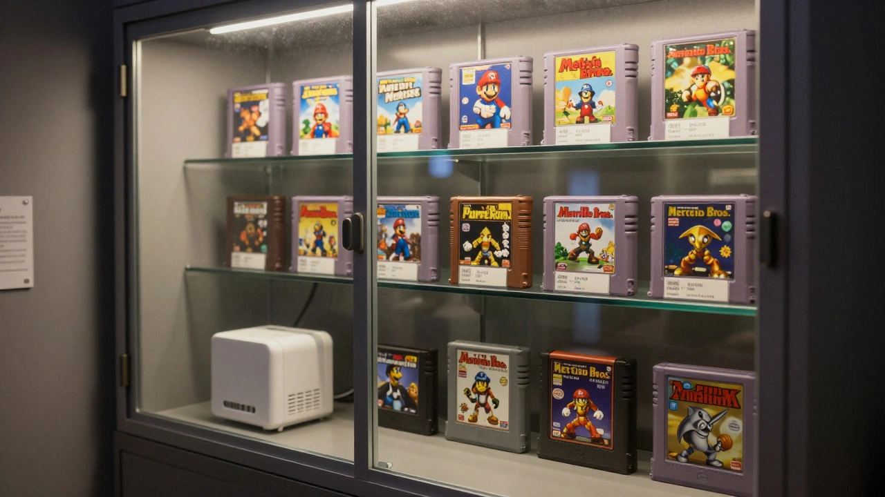 A glass cabinet displaying labeled rare video game cartridges under UV-filtered glass, with a dehumidifier below.
