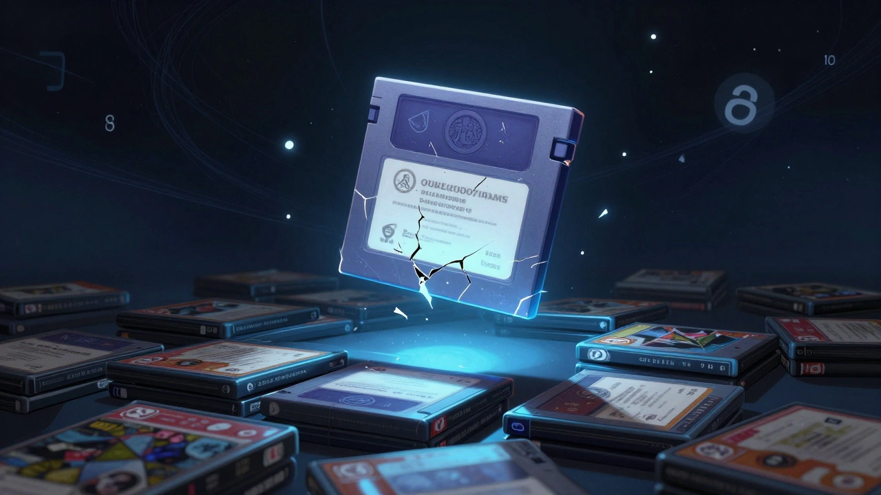 A glowing vintage game cartridge floats above a pile of identical reprinted boxes under a cosmic backdrop with symbolic print run numbers.