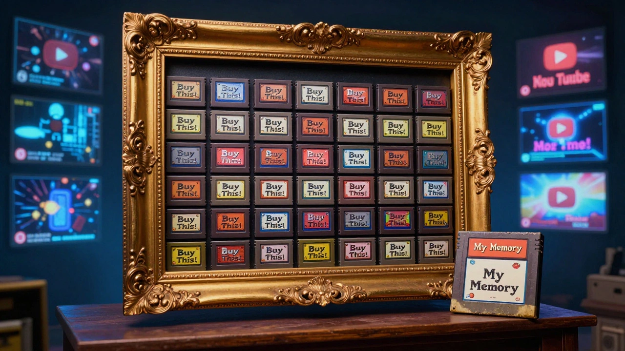 A golden frame filled with identical game cartridges, while one personal cartridge sits alone on a shelf, symbolizing hype versus personal meaning.