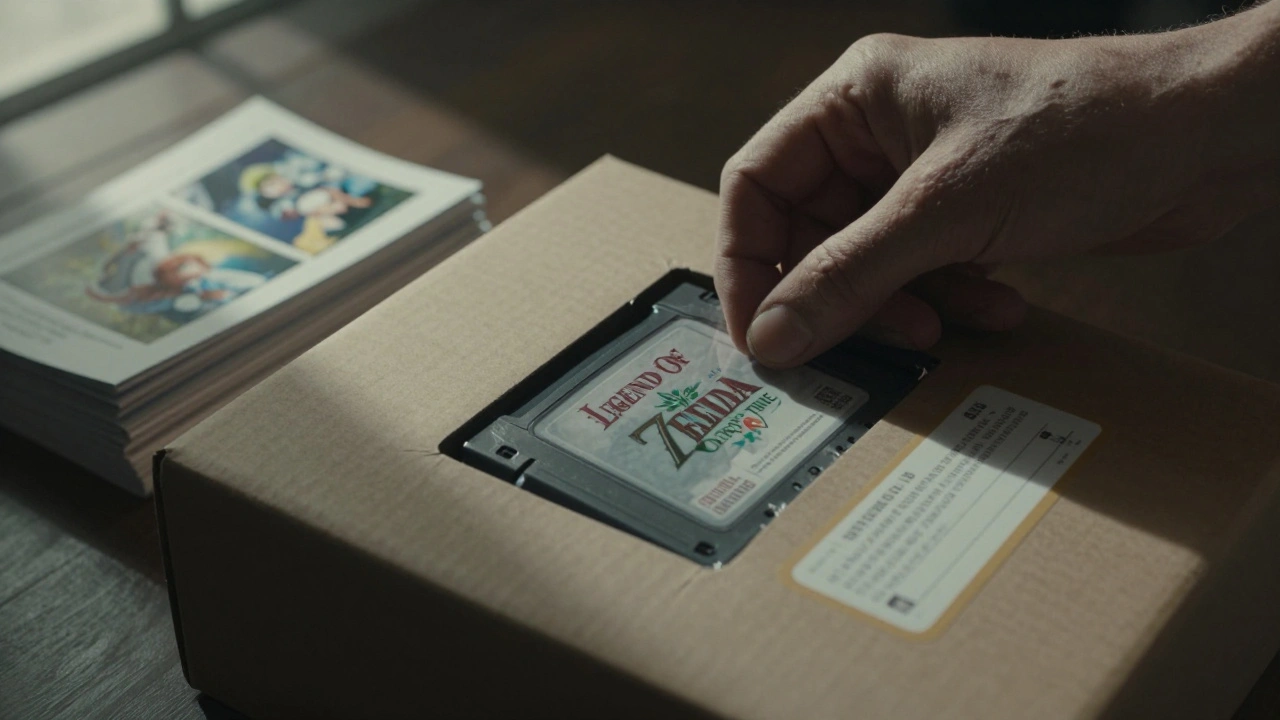 A hand packing a sealed Nintendo game into a shipping box with receipts and photos nearby.